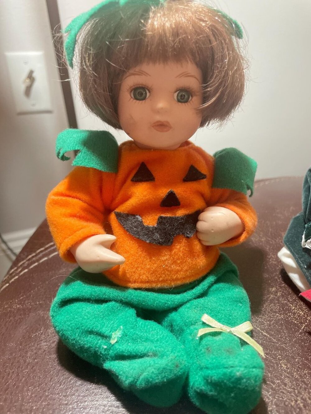 Vintage 1990s Pumpkin Porcelain Doll Halloween Decor Spooky Cute Fall Shelf Sitt